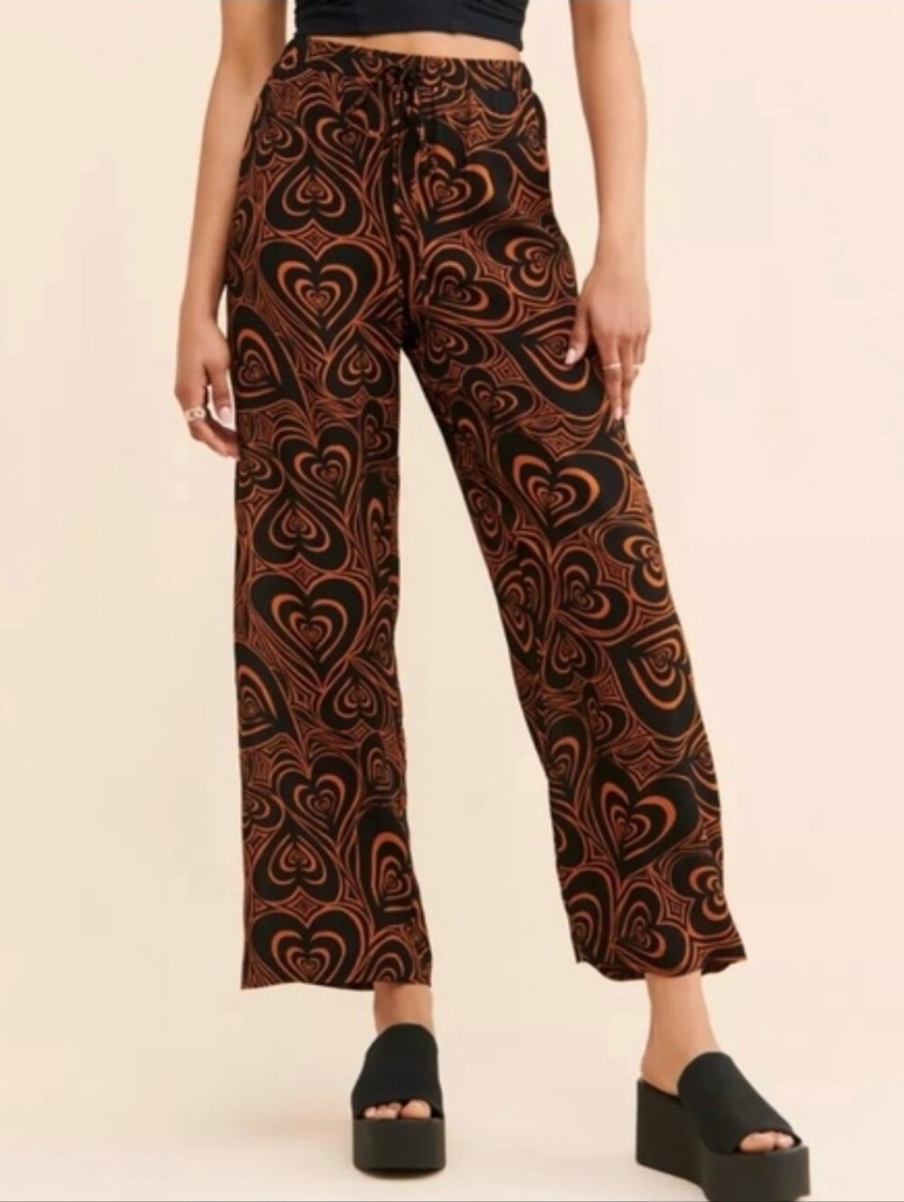 Lisa Says Gah Black Retro Heart Pattern High Rise Wide Leg Pants Small